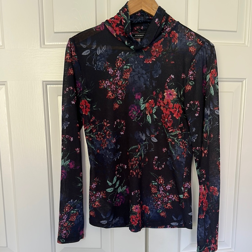 BCBG Maxazria Floral Long Sleeve Sheer Turtleneck Top, size medium